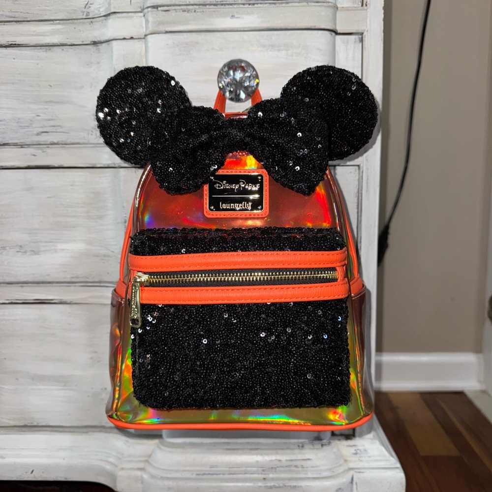 Loungefly Black and Orange Iridescent Sequin Mini Backpack